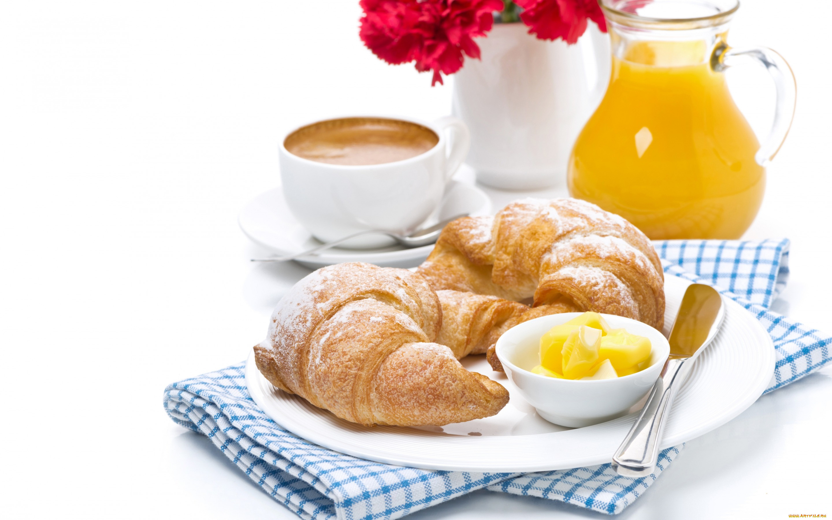 , ,  , , , , , , juice, cup, coffee, butter, croissant, breakfast